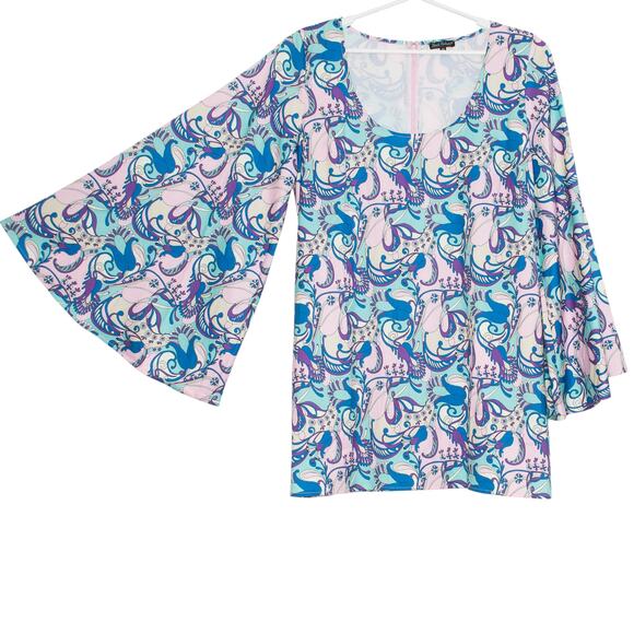 Tunic Dress Flare Sleeve Y2K Boho Hippie Festival Psychedelic Retro Floral 2X - Picture 5 of 5